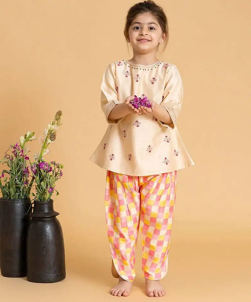 Pink printed chanderi kurta set