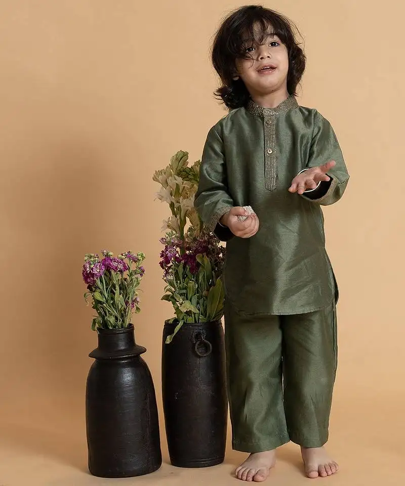 Green embroidered chanderi nehru jacket set