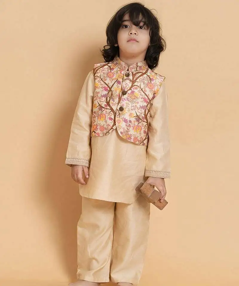 Gold printed chanderi nehru jacket set