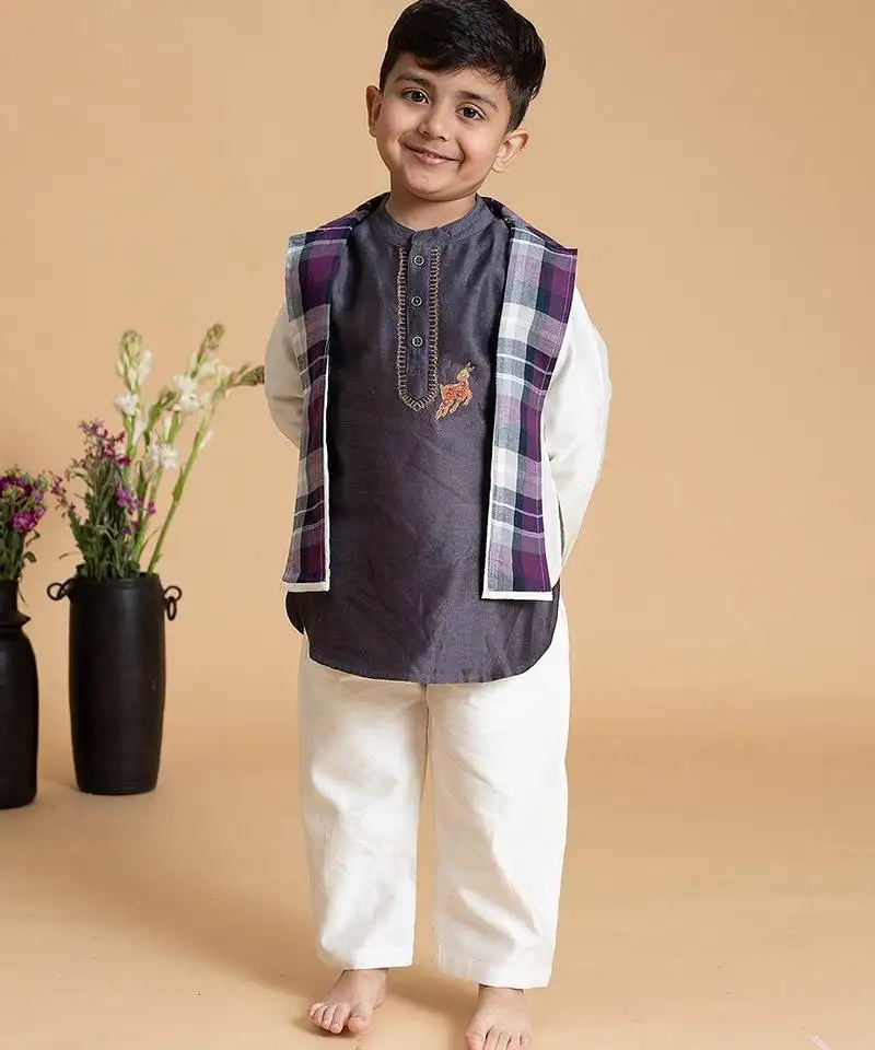 Purple plain chanderi nehru jacket set
