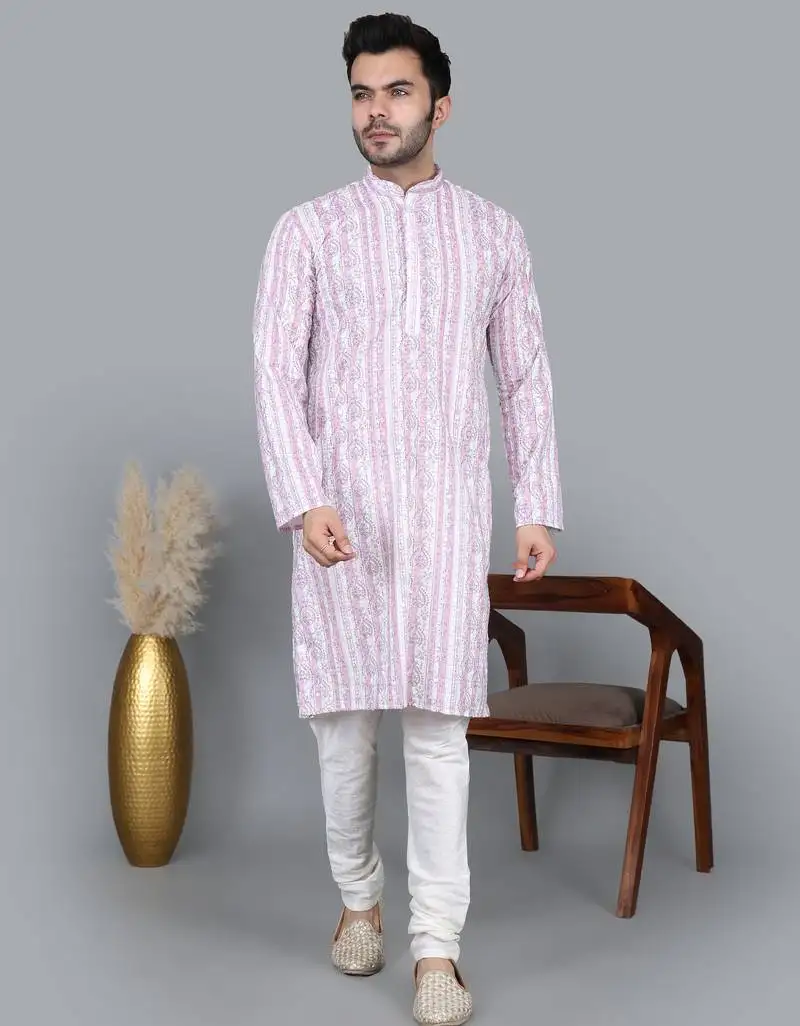 Men's light purple sequence tread work kurta with cream churidar (rg-50621-36)