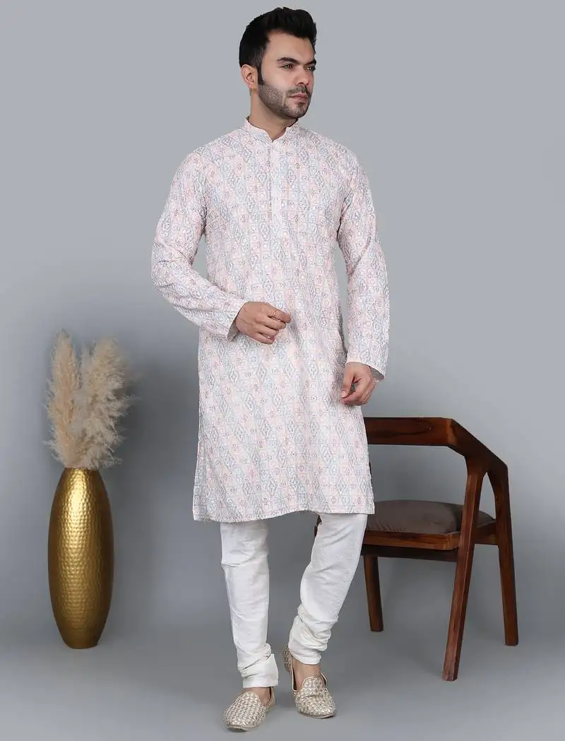 Men's multi color sequence tread work kurta with cream churidar (rg-50623-36)