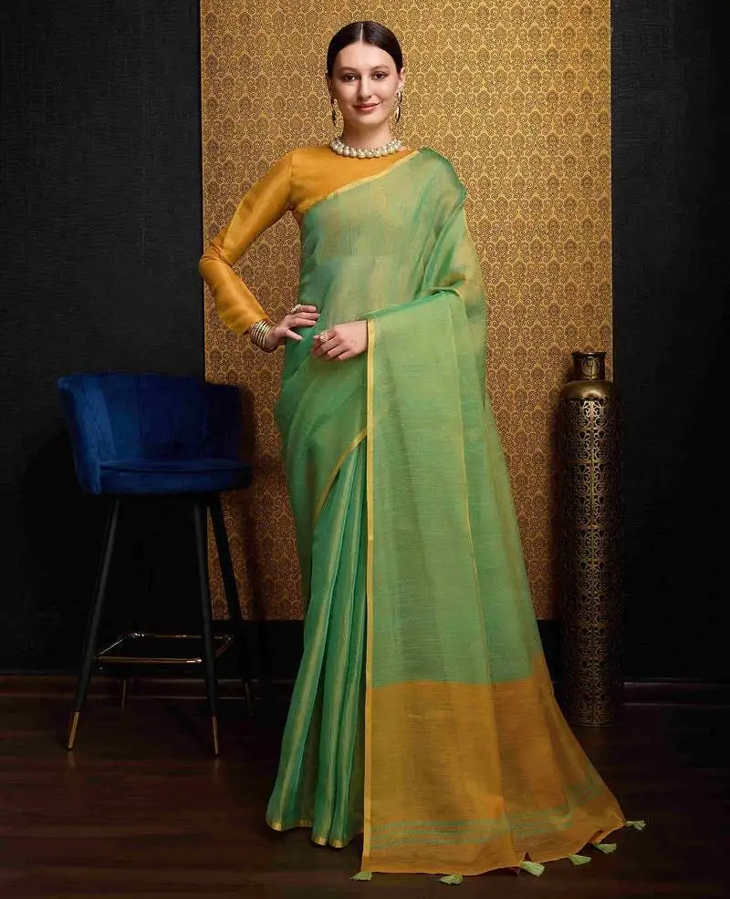 Green linen saree with unstitched blouse