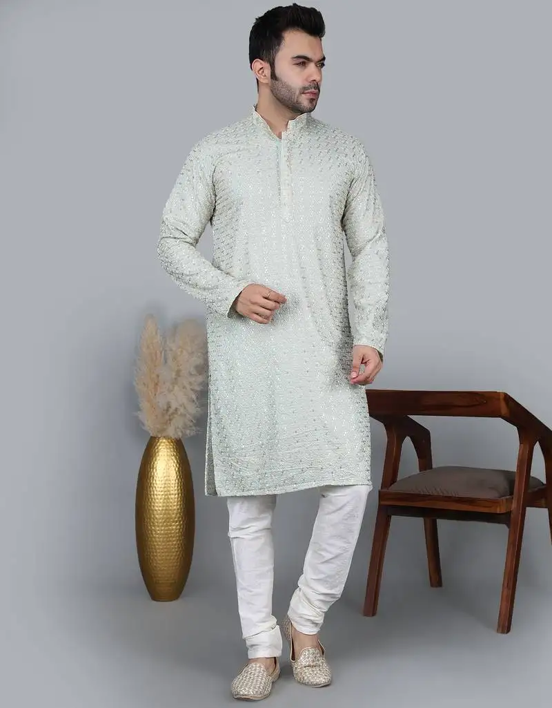Men's pista green cotton chikankari embroidered kurta with cream churidar (rg-50711-36)