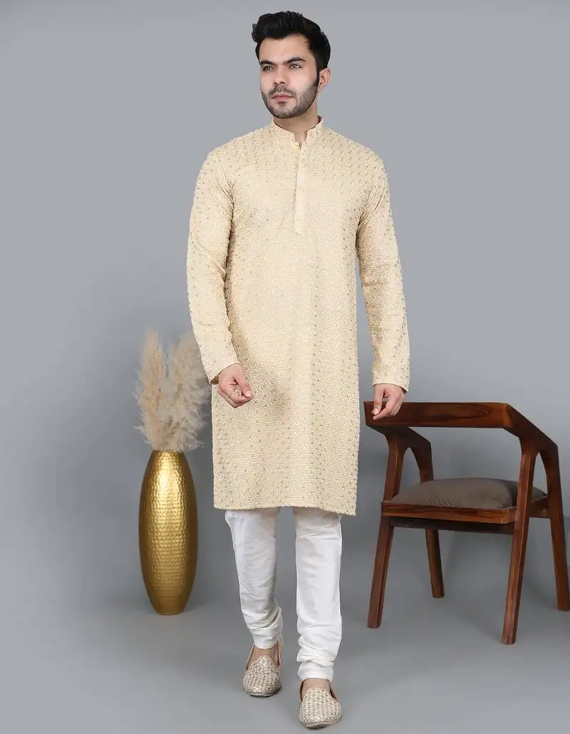 Men's gold cotton chikankari embroidered kurta with cream churidar (rg-50712-36)