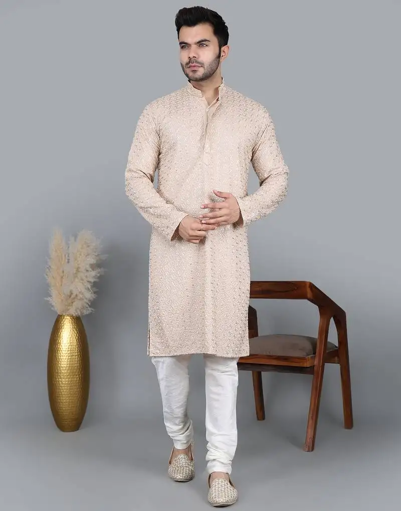 Men's beige cotton chikankari embroidered kurta with cream churidar (rg-50714-36)