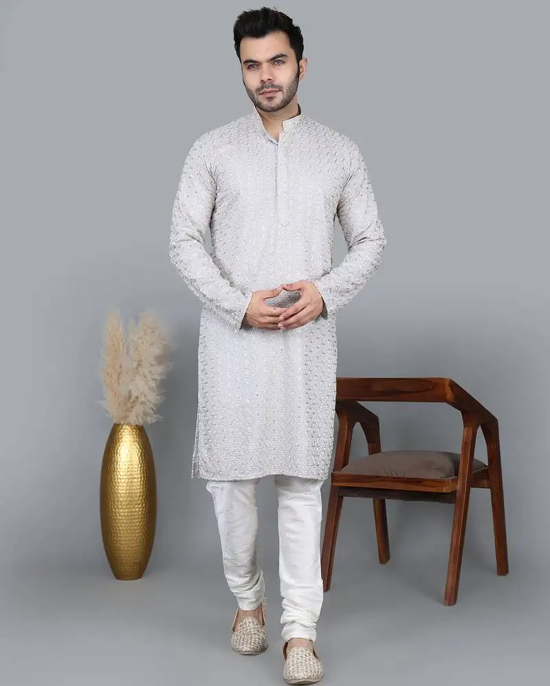 Men's gray cotton chikankari embroidered kurta with cream churidar (rg-50715-36)