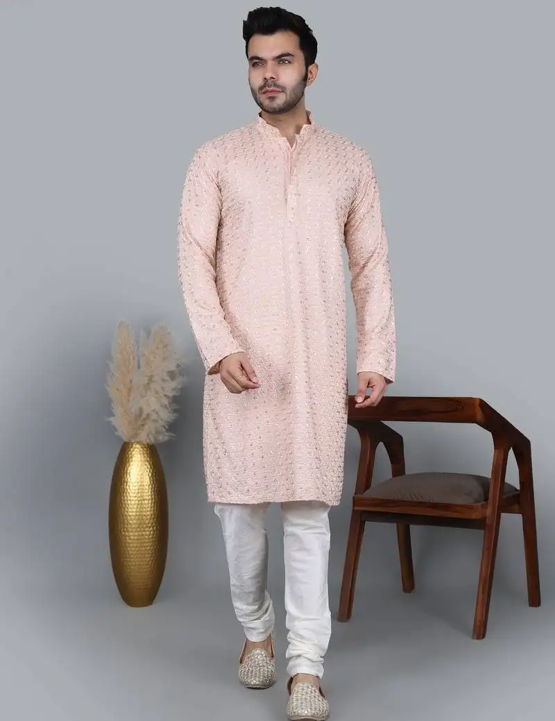 Men's light pink cotton chikankari embroidered kurta with cream churidar (rg-50716-36)