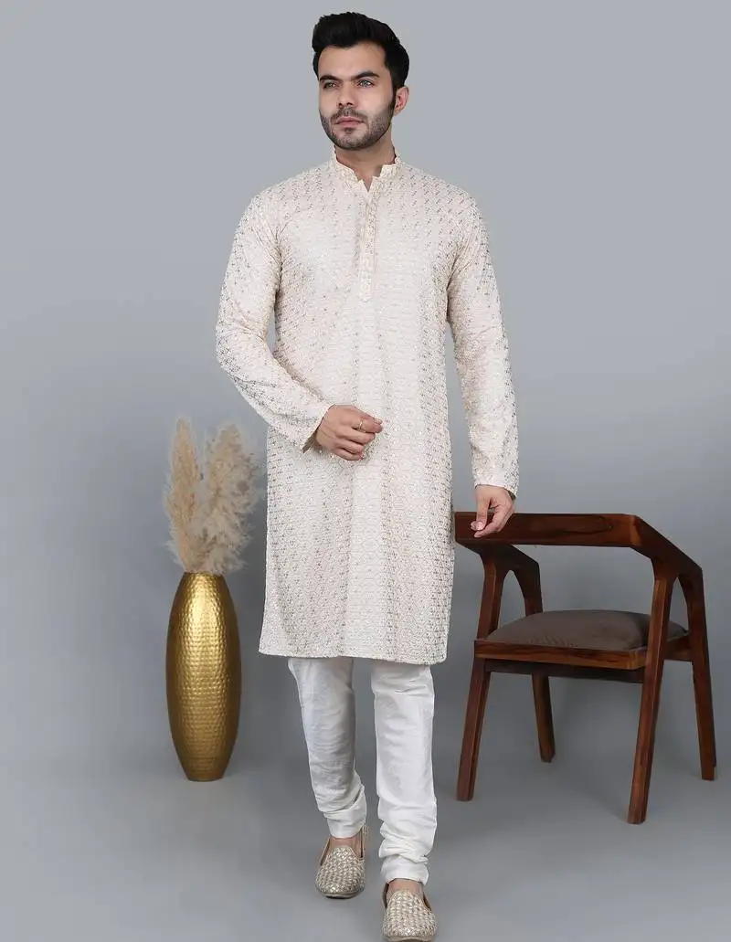 Men's cream cotton chikankari embroidered kurta with cream churidar (rg-50713-36)