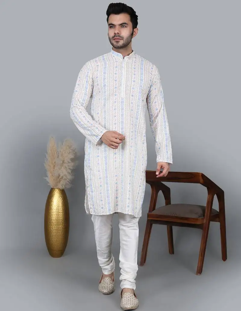 Men's cream sequence tread work kurta with cream churidar (rg-50622-36)