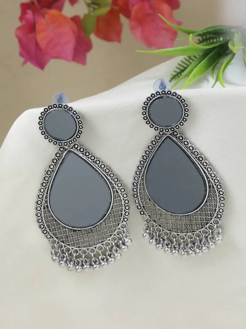 Ethnic silver oxidized indian wedding bollywood teardrop shaped dangle earrings for women