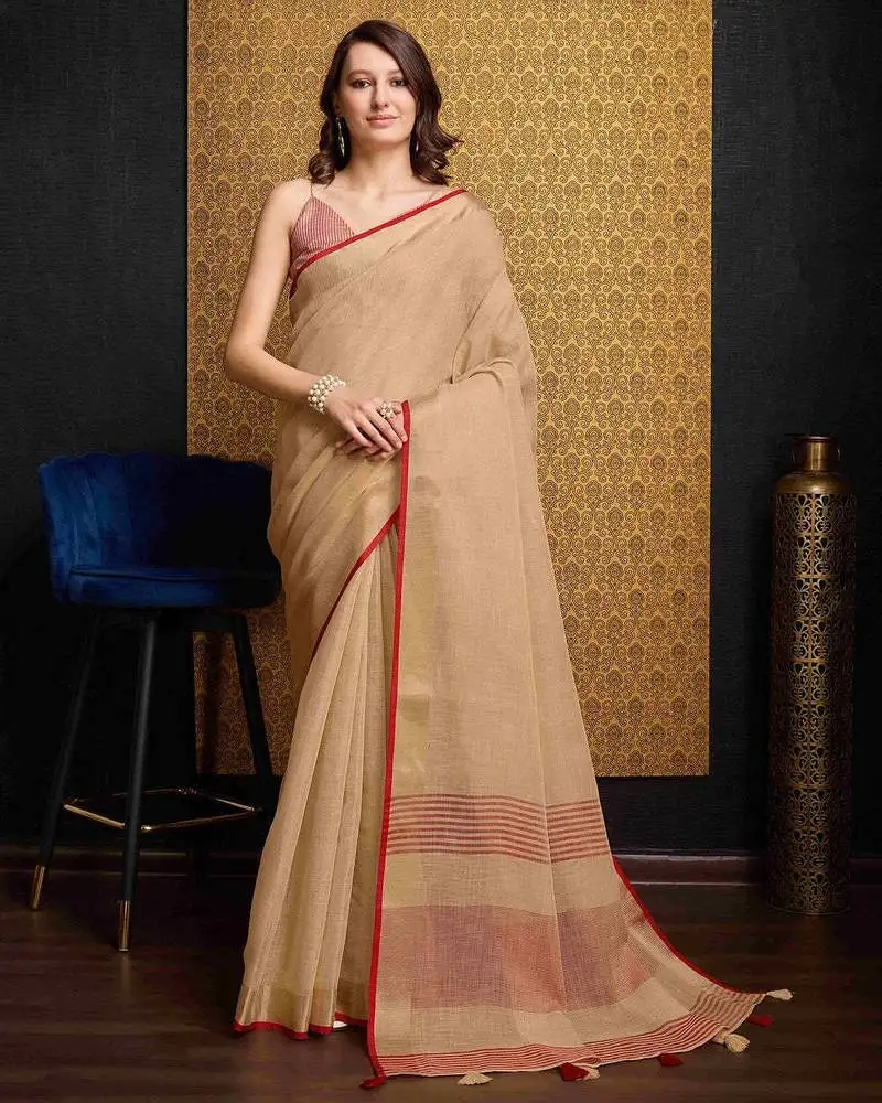 Beigeny linen saree with unstitched blouse