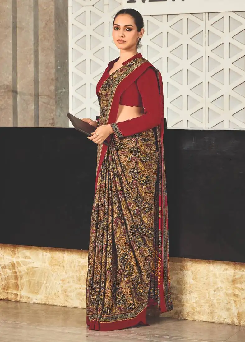 Mustard crepe silk printed saree with unstitched blouse