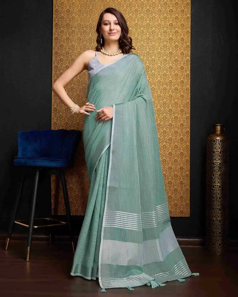 Firozy linen saree with unstitched blouse