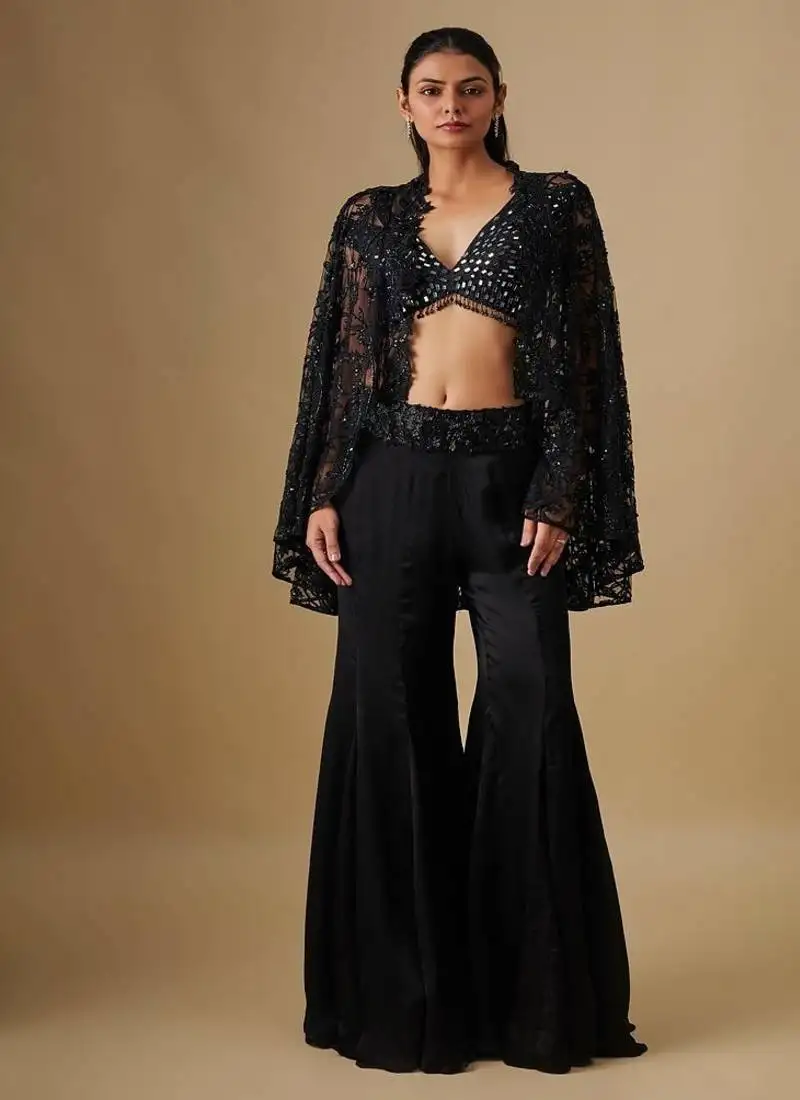 Black embroidered satin cape set