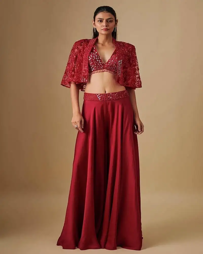 Red embroidered satin cape set