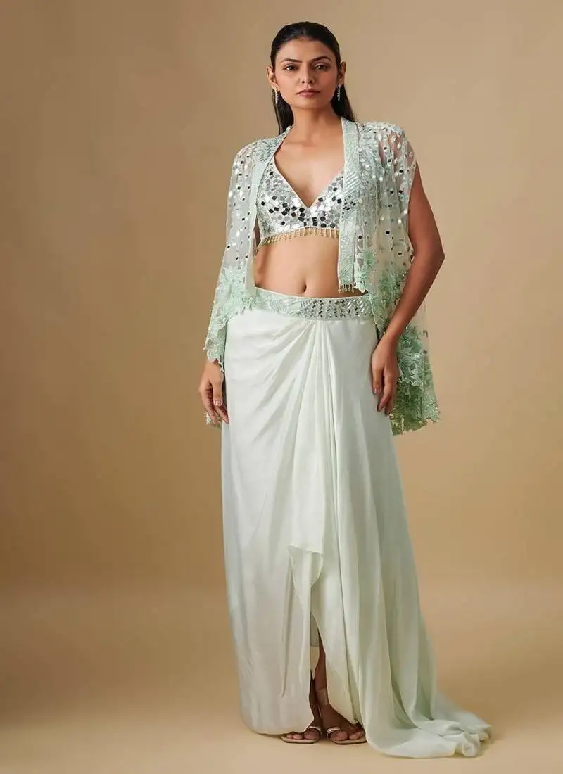 Green embroidered satin cape set