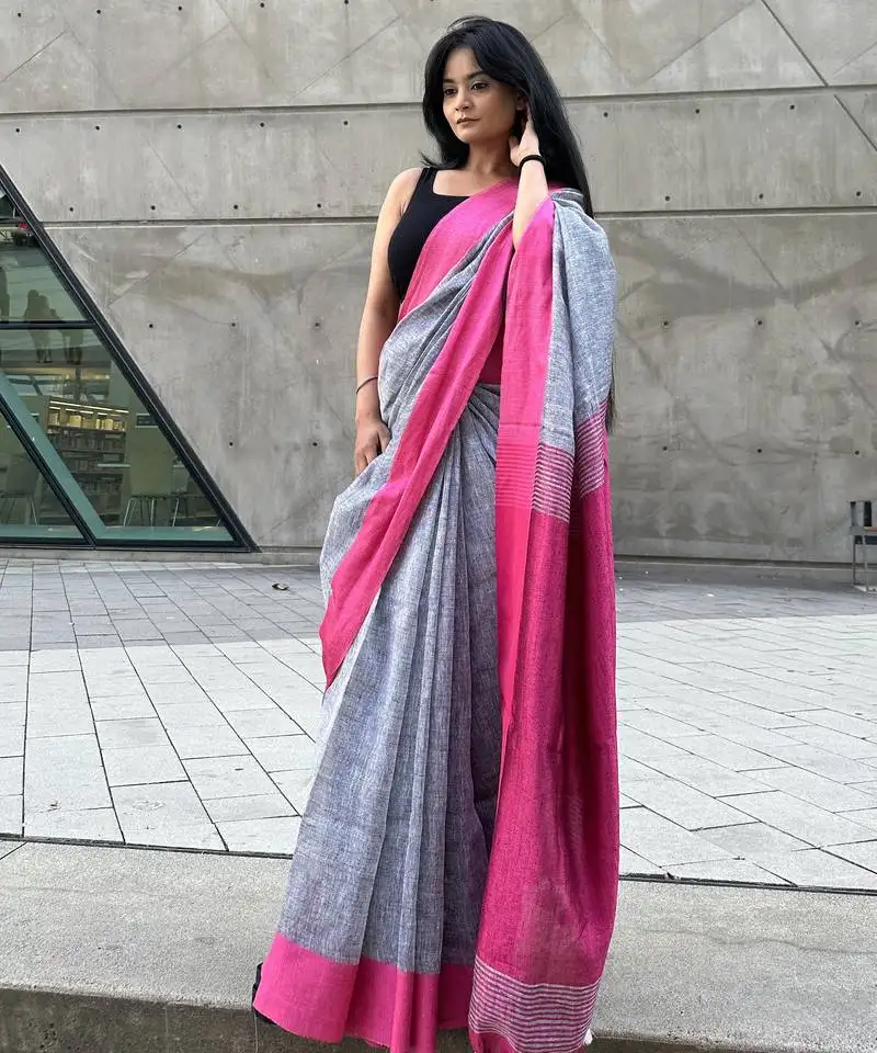 Grey handloom linen with contrast pink border