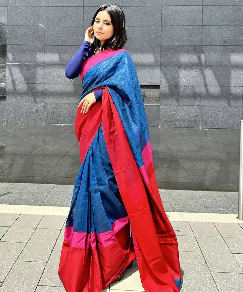 Blue handloom linen saree with contrast border