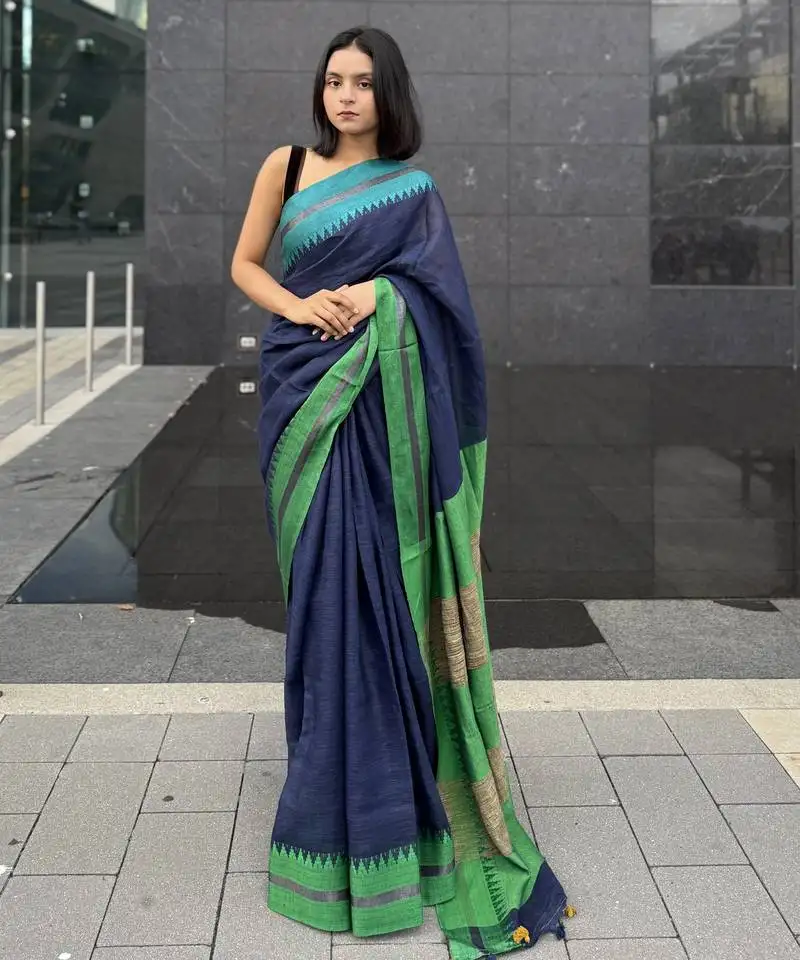 Blue handwoven linen saree with contrast border