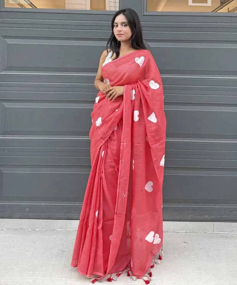 Heart embroidered red handloom linen saree