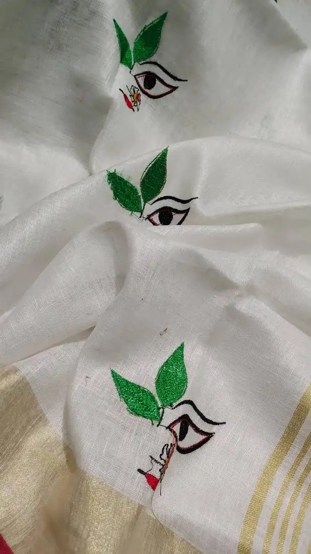 Handwoven white linen saree with embroidery work