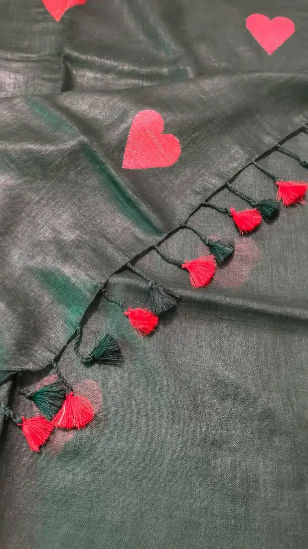 Heart embroidered black handloom linen saree