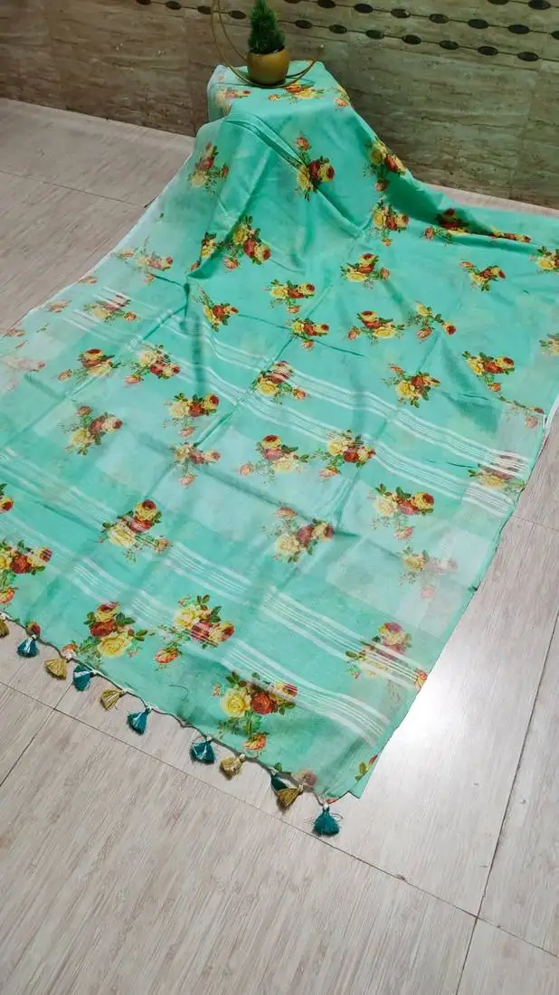 Digital printed handloom linen saree