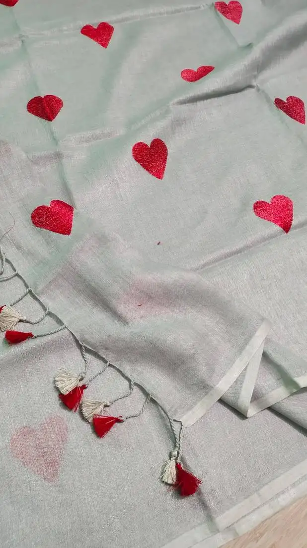 Heart embroidered grey handloom linen saree