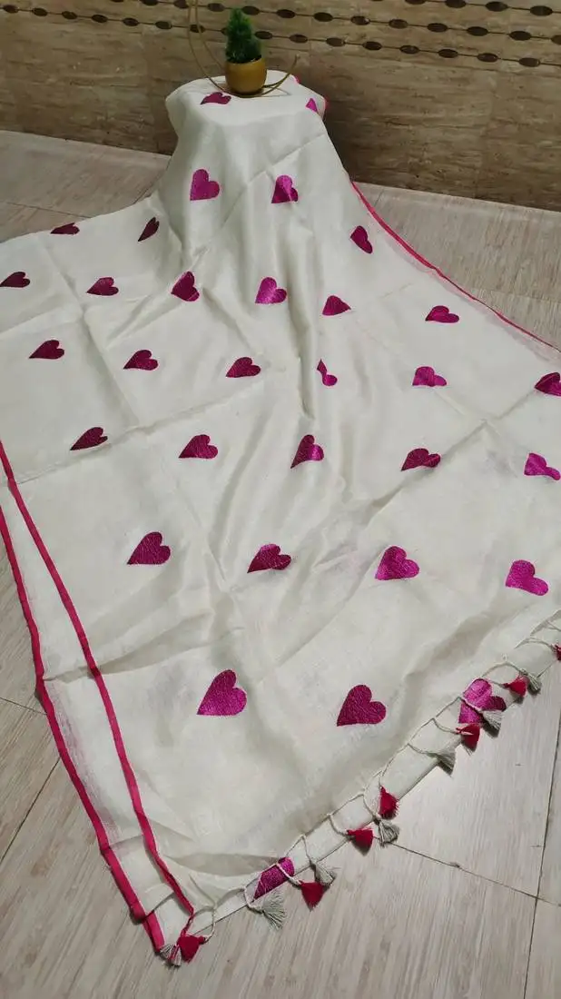 Heart embroidered white handloom linen saree