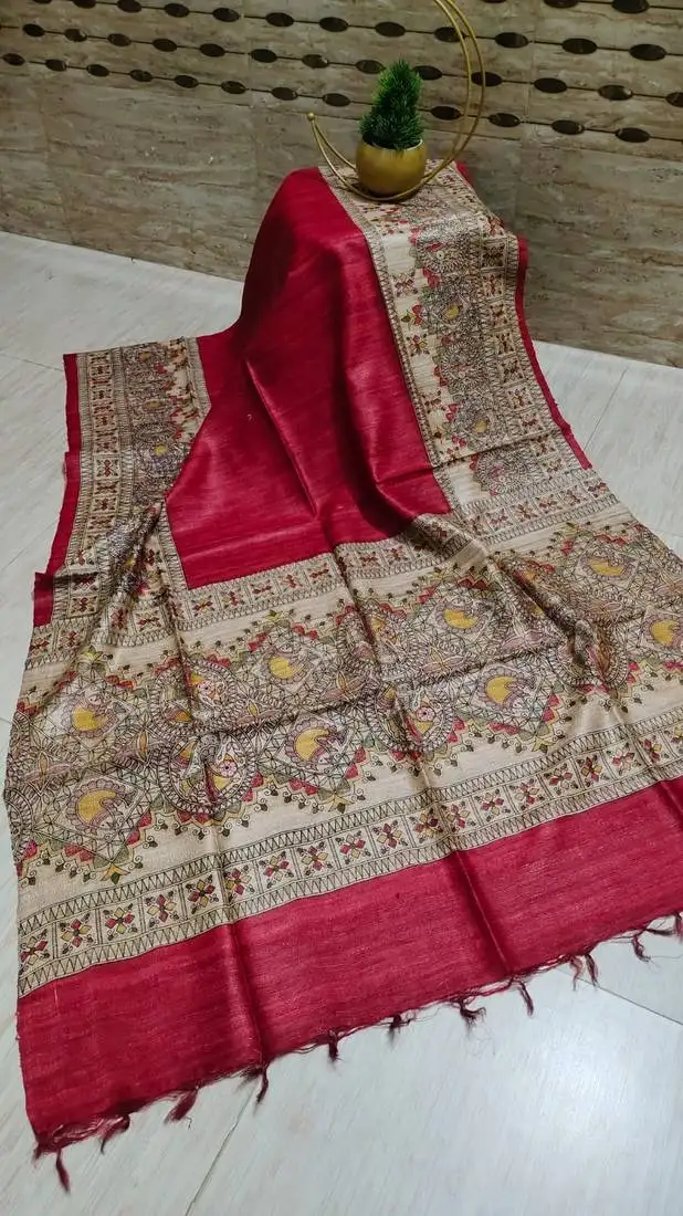 Handloom tussar silk saree with madhubani print