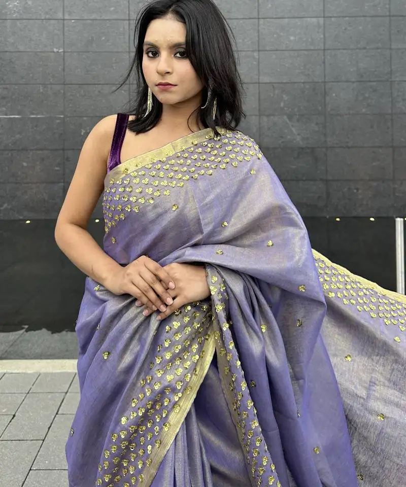 Hand embroidered sequins work - tissue linen saree