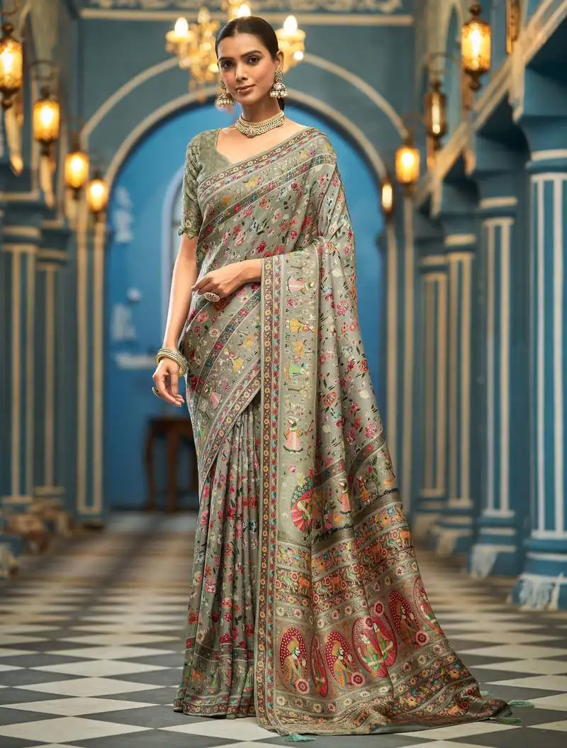 Dark grey soft silk blend saree with unstitched blouse