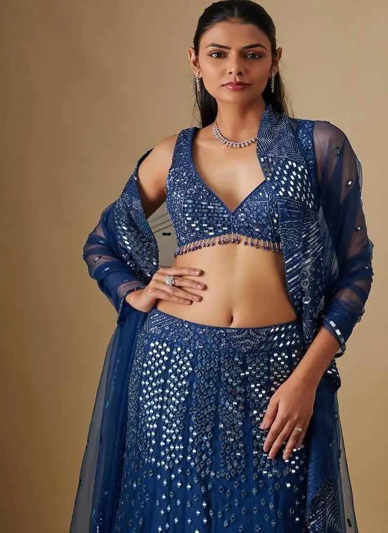 Blue embroidered satin lehenga
