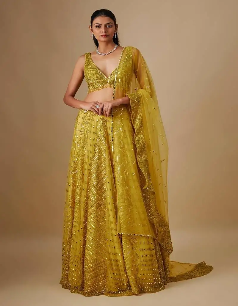 Yellow embroidered satin lehenga