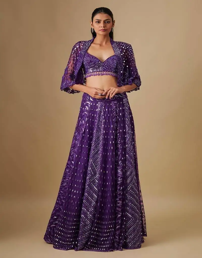 Purple embroidered satin lehenga