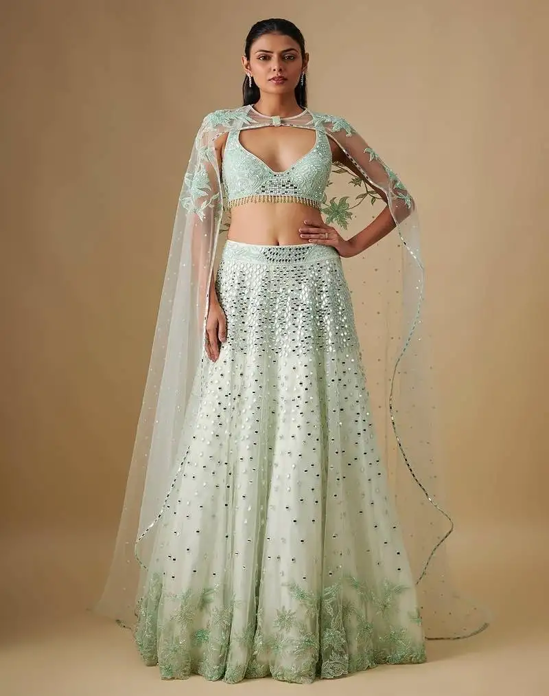 White embroidered satin lehenga