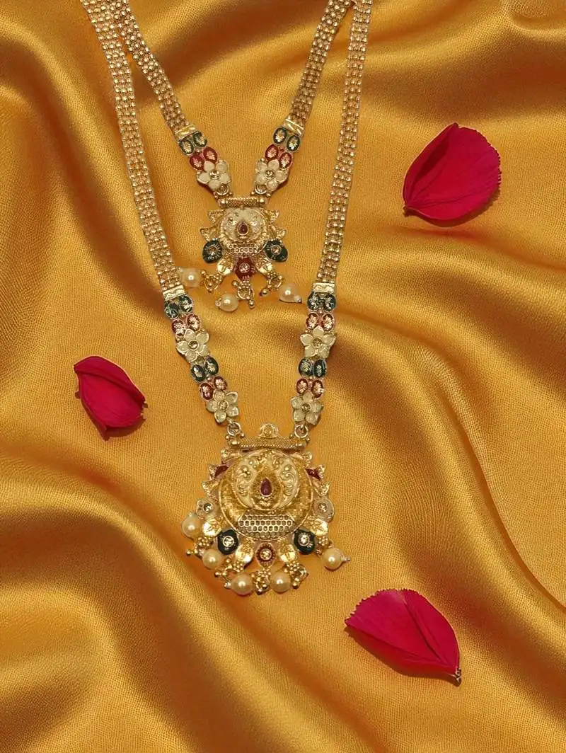 South indian jewllery brass long necklace set for women | antique gold plated bridal jewelry with earrings |