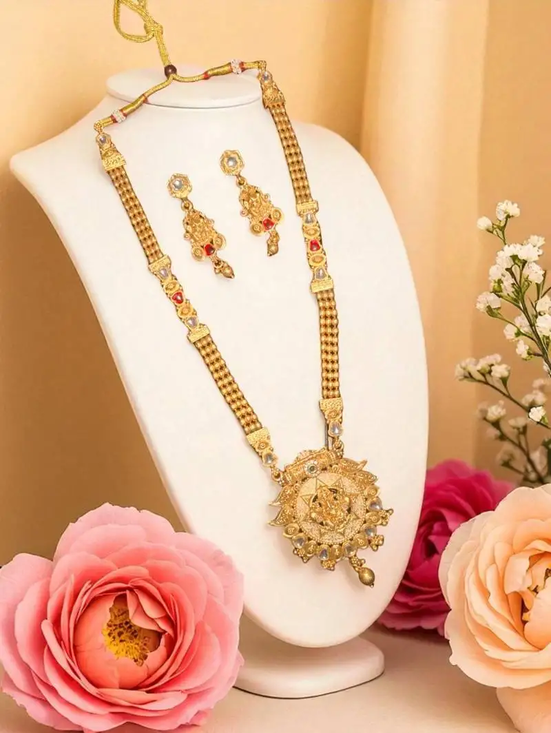 South indian jewllery ganesh design long necklace set with pendant & earrings | traditional gold-plated .