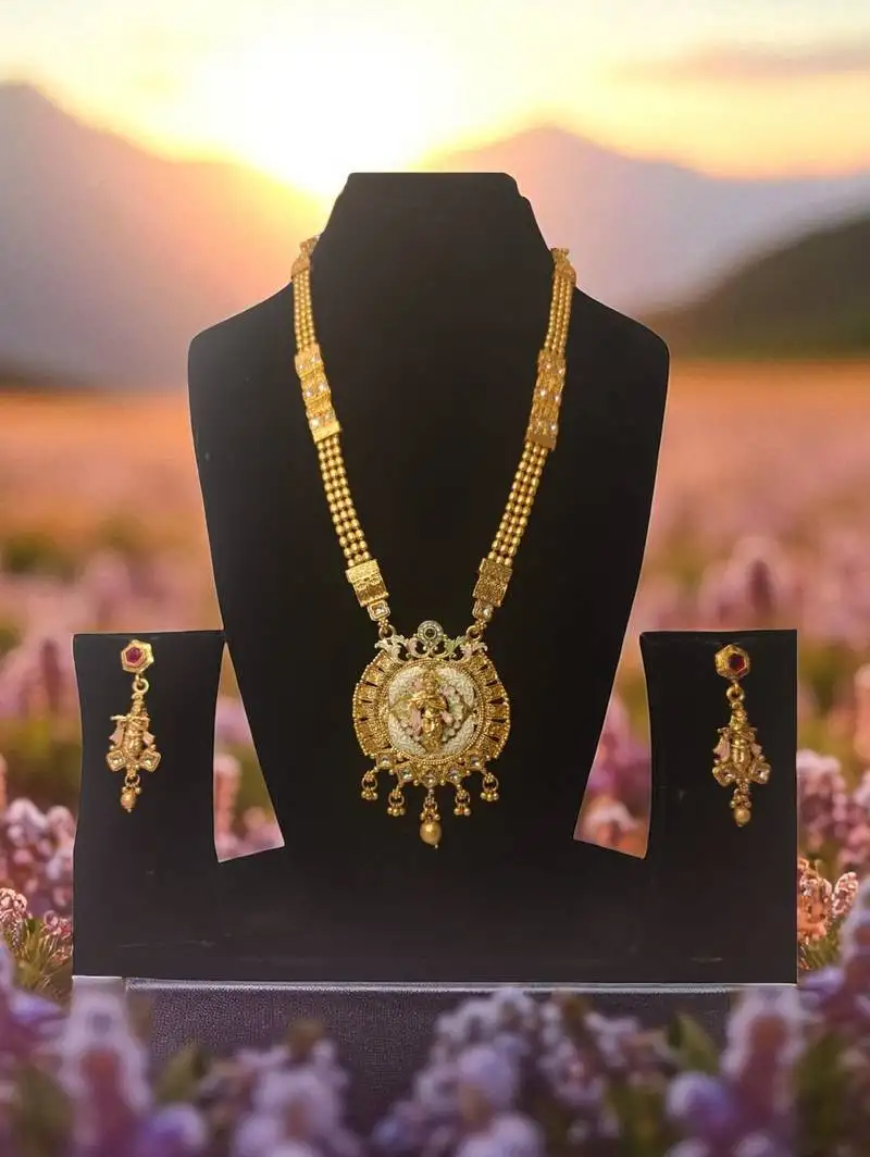 South indian jewllery krishna design long necklace set with pendant & earrings | traditional gold-plated .