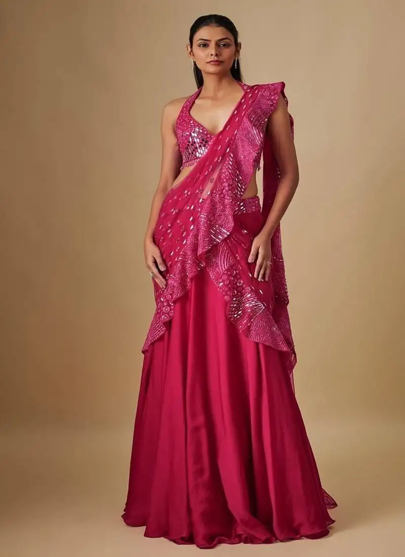 Pink embroidered satin saree