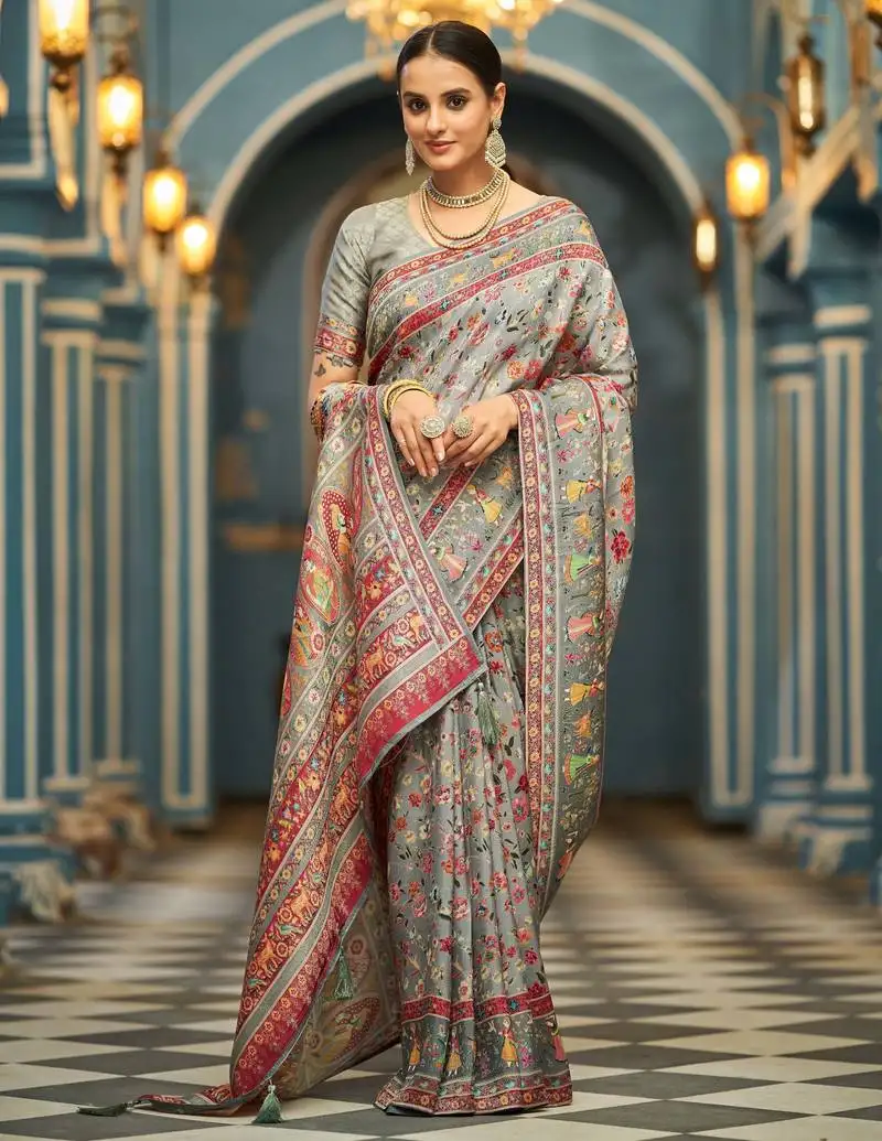 Light grey soft silk blend saree with unstitched blouse