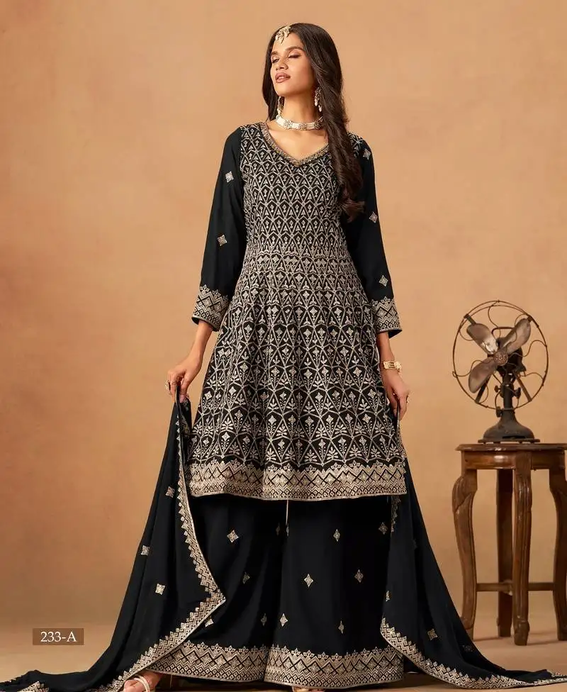 Black faux georgette semi stitched plazzo suit with heavy embroidery work
