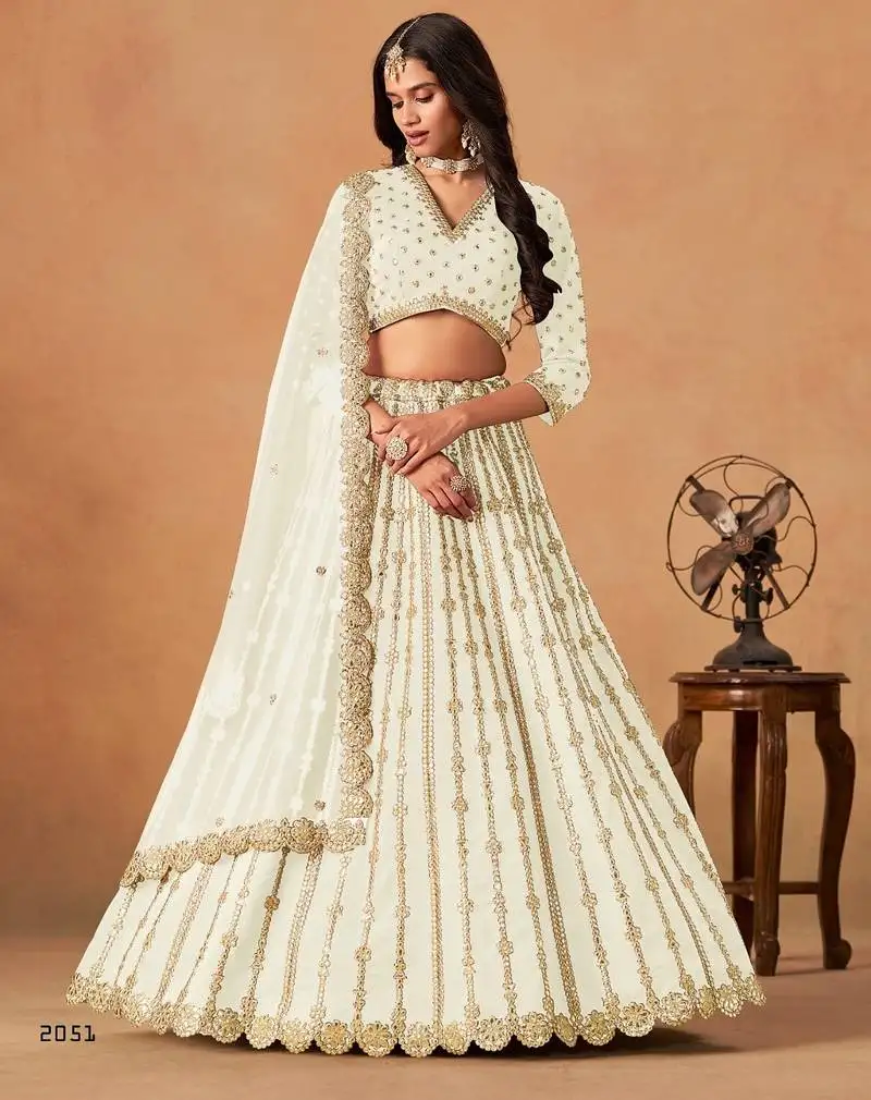 White art silk semi stitched lehenga choli with embroidert work
