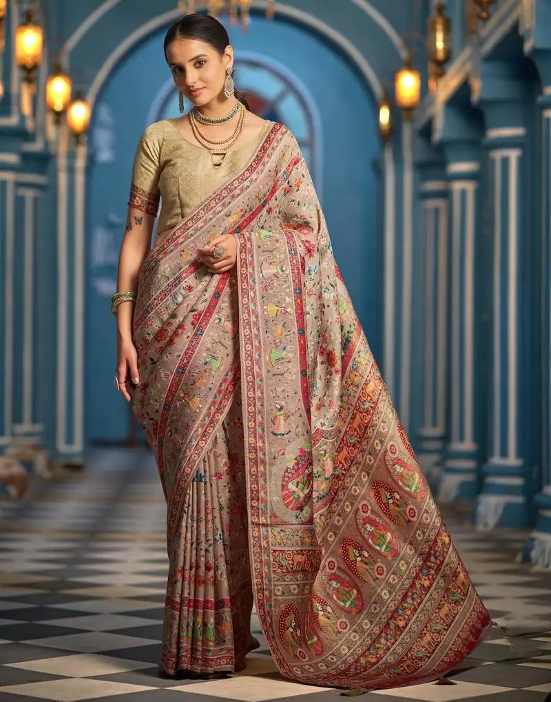 Beige soft silk blend saree with unstitched blouse