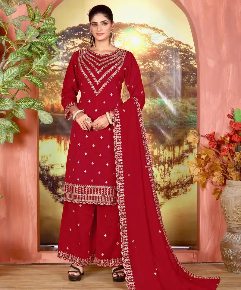 Red color embroideried faux chiffon semi stitched salwar suit