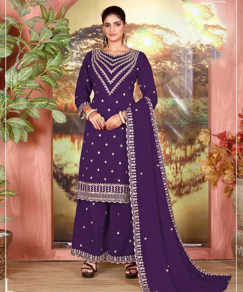 Purple color embroideried faux chiffon semi stitched salwar suit