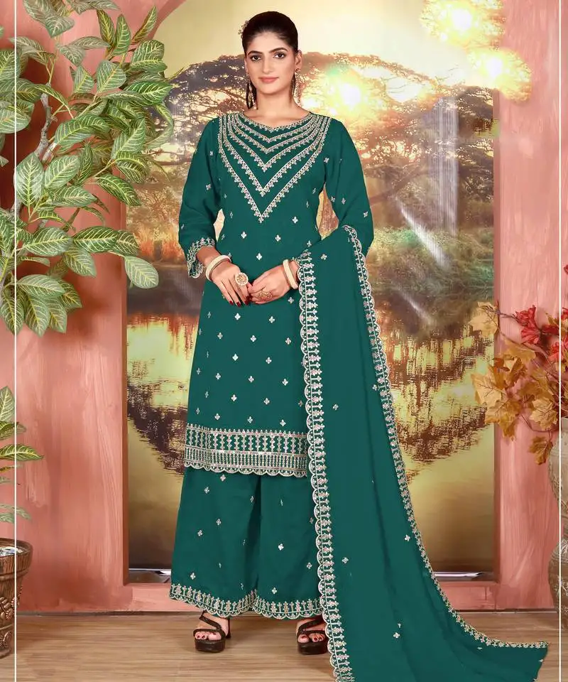 Rama grey color embroideried faux chiffon semi stitched salwar suit