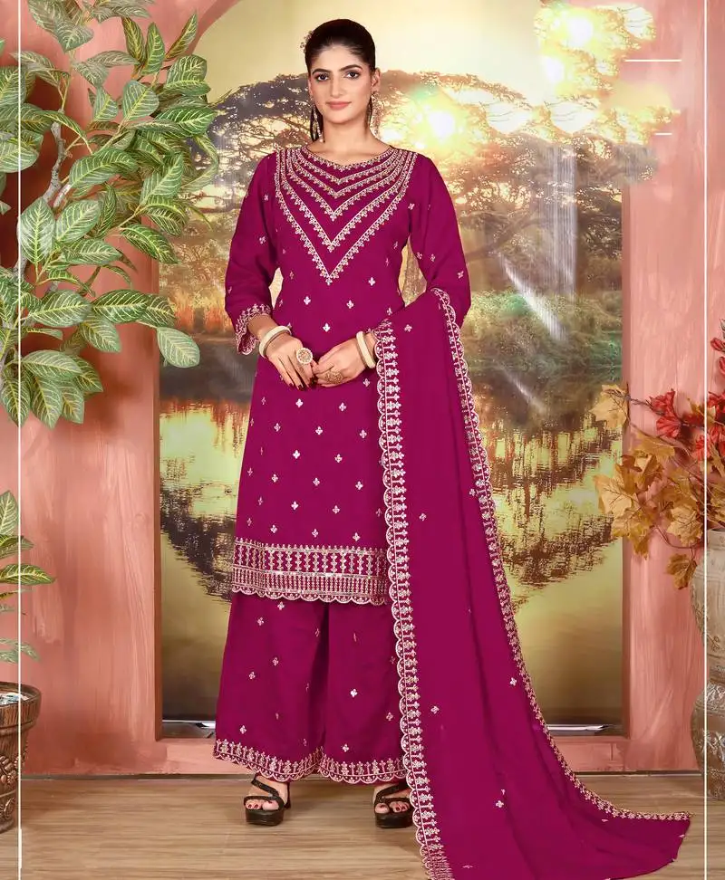 Dark pink color embroideried faux chiffon semi stitched salwar suit