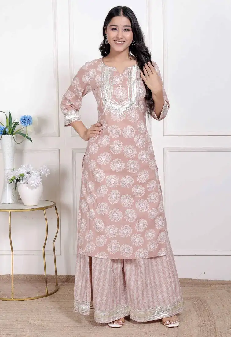 Women brown floral printed straight ethnic kurta with palazzo stitched